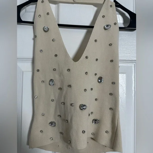Cream Sleeveless Embellished Tank Top - Picture 2 of 6